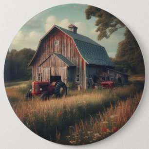 Vintage rustic barn and old tractors 6 cm round badge