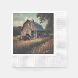 Vintage rustic barn and old tractors napkin