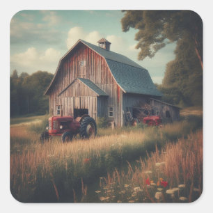 Vintage rustic barn and old tractors square sticker