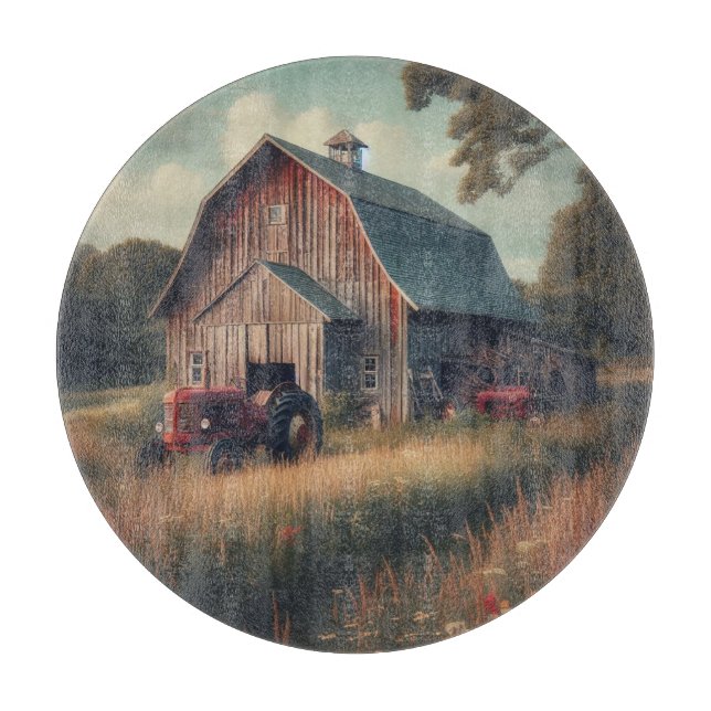 vintage/rustic barn & tractor art cutting board (Front)
