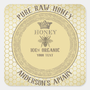 Vintage rustic bee crown honey comb honey jar square sticker