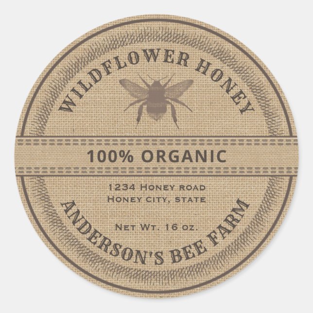 Vintage rustic bee linen honey jar label (Front)