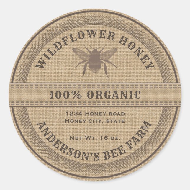 Vintage rustic bee linen honey jar label (Front)
