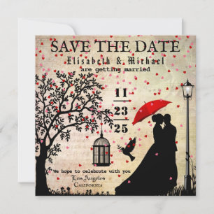 Vintage Rustic Beige & Black Lovers Silhouette Save The Date