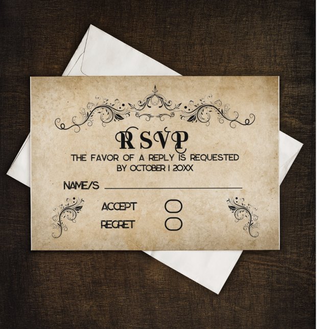 Vintage Rustic Black Flourish Parchment RSVP Card (Creator Uploaded)
