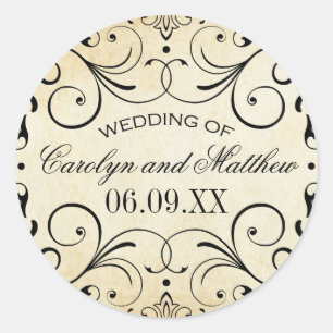 Vintage Rustic Black Flourish Parchment Wedding Classic Round Sticker