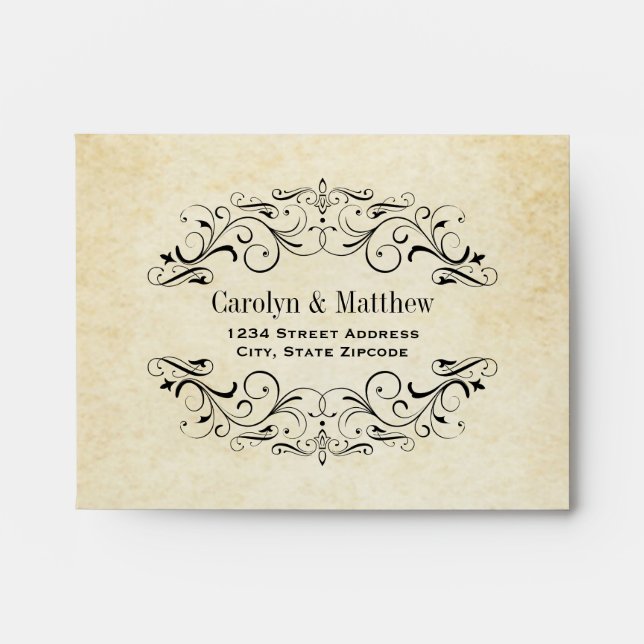 Vintage Rustic Black Flourish Parchment Wedding Envelope (Front)