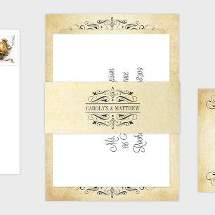 Vintage Rustic Black Flourish Parchment Wedding Invitation Belly Band