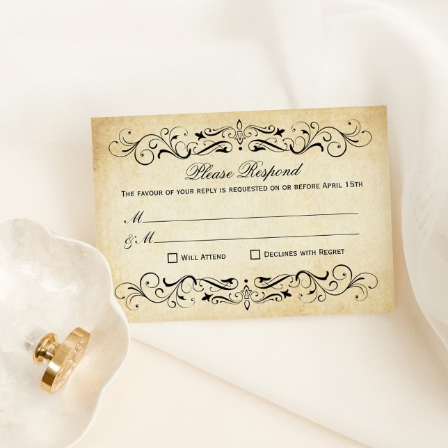 Vintage Rustic Black Flourish Parchment Wedding RSVP Card (Creator Uploaded)