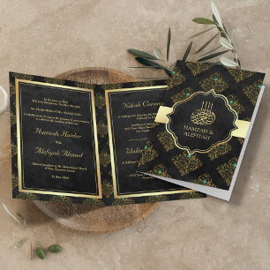 Vintage Rustic Black Gold Damask Muslim Wedding Invitation