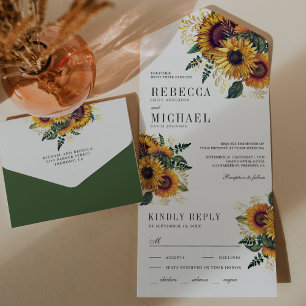 Vintage Rustic Boho Sunflowers Wedding All In One Invitation