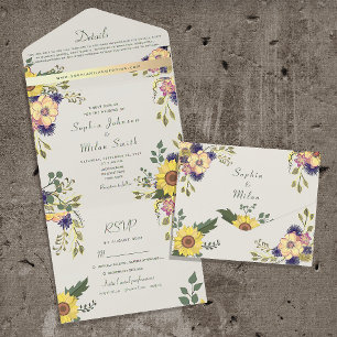 Vintage Rustic Boho Sunflowers Wedding All In One Invitation