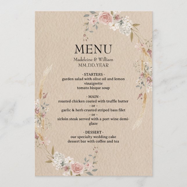 Vintage Rustic Boho Wedding Menu (Front)