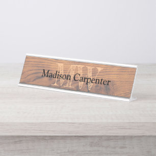 Vintage rustic brown burnt wood Carpenter Monogram Desk Name Plate