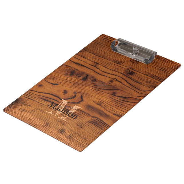 Vintage rustic brown burnt wood Monogram Clipboard (Angled)