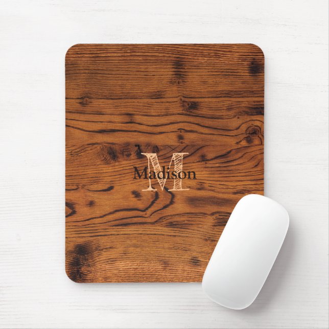 Vintage rustic brown burnt wood Monogram Mouse Pad (With Mouse)