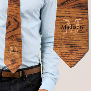 Vintage rustic brown burnt wood Monogram Tie