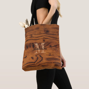 Vintage rustic brown burnt wood Monogram Tote Bag