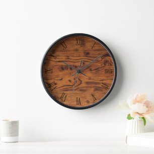 Vintage rustic brown burnt wood roman numbers clock