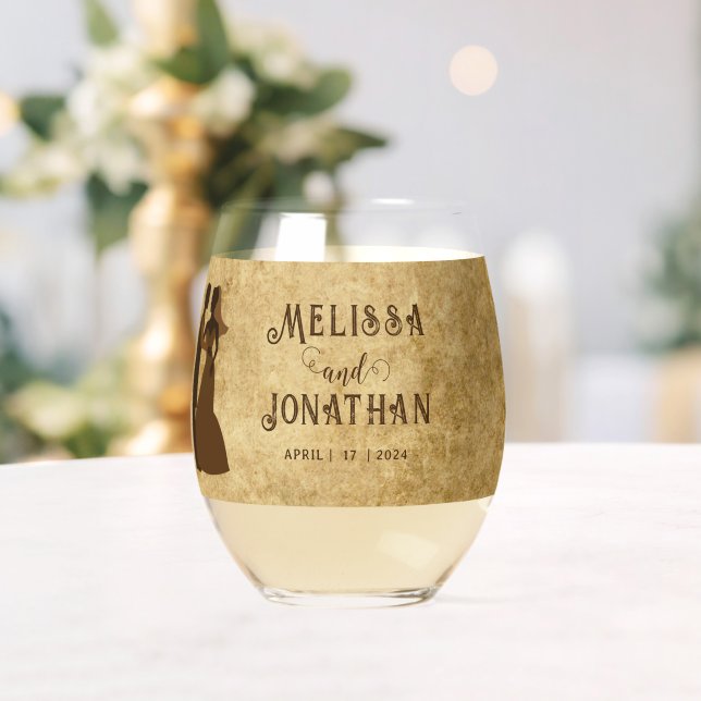 Vintage rustic brown wedding couple stemless wine glass (Insitu (Wedding))