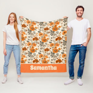 Vintage Rustic Burnt Orange Fall Flowers Pattern Fleece Blanket