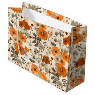 Vintage Rustic Burnt Orange Fall Flowers Pattern Large Gift Bag