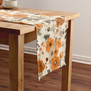 Vintage Rustic Burnt Orange Fall Flowers Pattern Short Table Runner