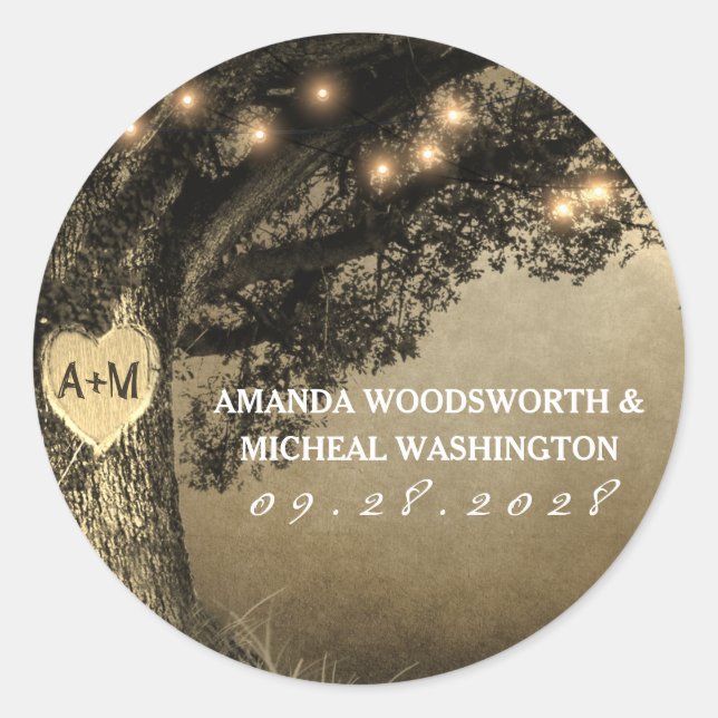 Vintage Rustic Carved Oak Wedding Favour Stickers (Front)