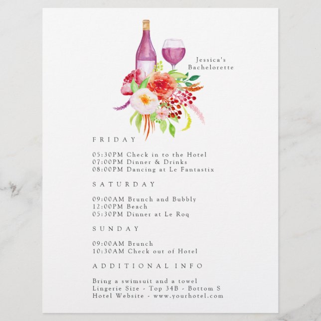 Vintage Rustic Charm Bachelorette Party Itinerary Flyer (Front)