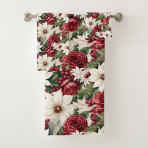 Vintage Rustic Christmas Flowers leaves Pattern Bath Towel Set