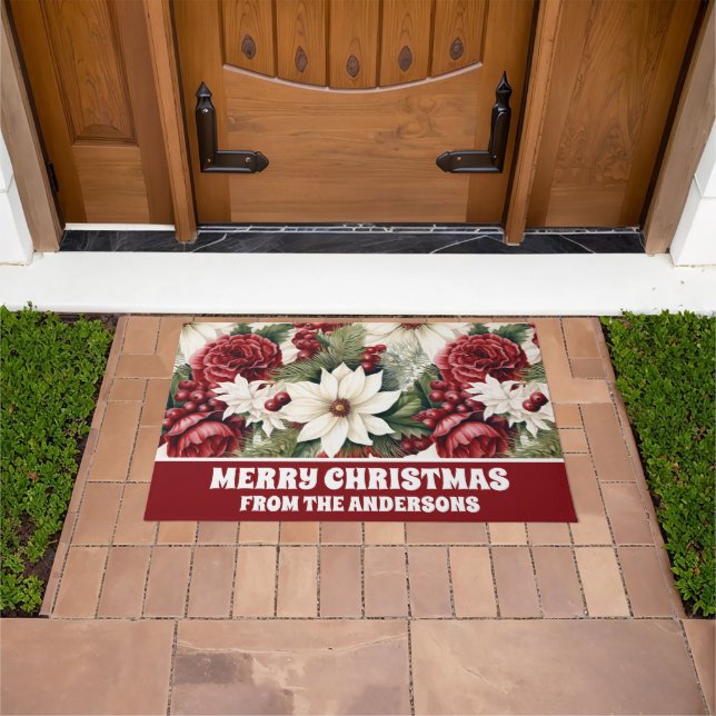 Vintage Rustic Christmas Flowers leaves Pattern Doormat (Outdoor)