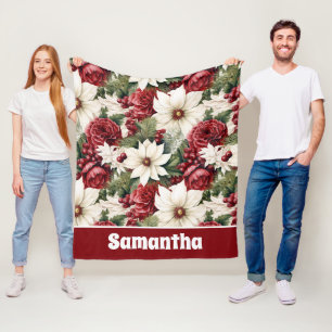 Vintage Rustic Christmas Flowers leaves Pattern Fleece Blanket