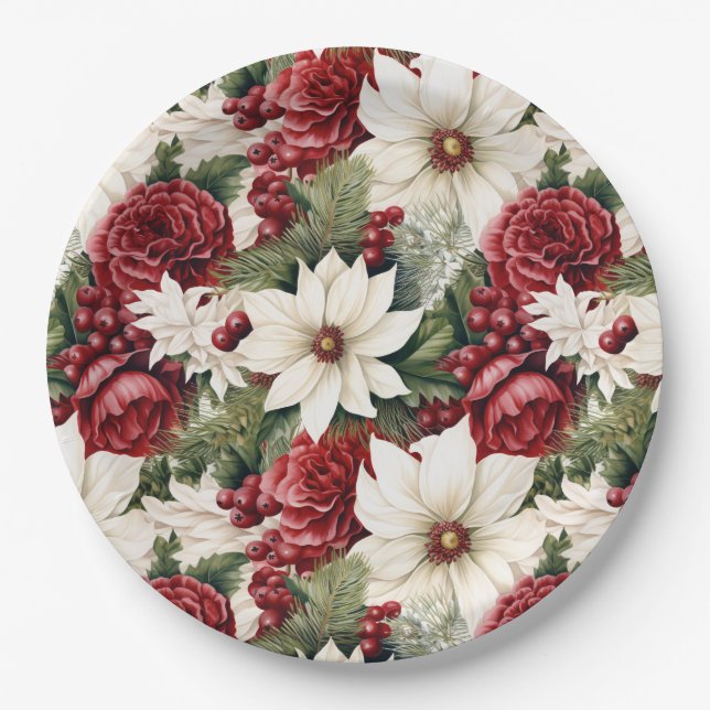 Vintage Rustic Christmas Flowers leaves Pattern Paper Plate (Front)