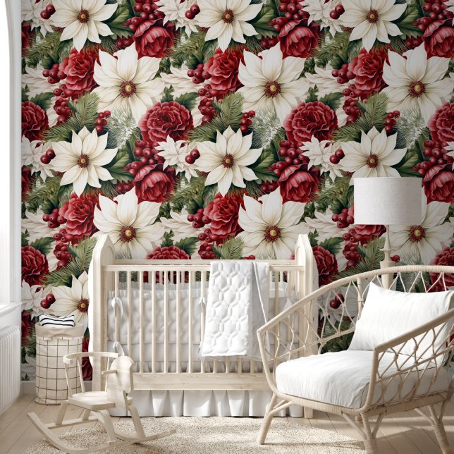 Vintage Rustic Christmas Flowers Leaves Pattern Wallpaper (Kids)