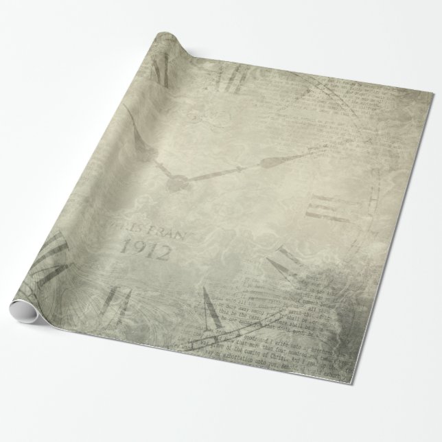 Vintage rustic clock manuscript pattern wrapping paper (Unrolled)