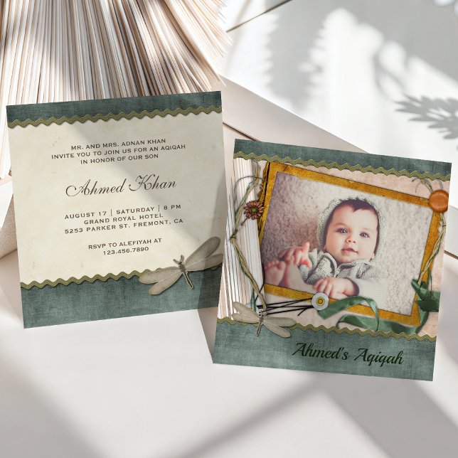 Vintage Rustic Country Baby Boy Photo Aqiqah Invitation (Creator Uploaded)
