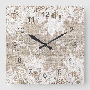 Vintage rustic country beige burlap and white lace square wall clock