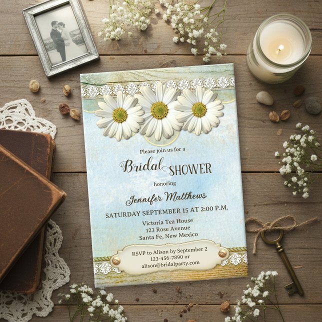 Vintage Rustic Country Daisy Bridal Shower  Invitation (Bridal shower invitation showing daisies on a watercolor background with rustic wood - with QR code)