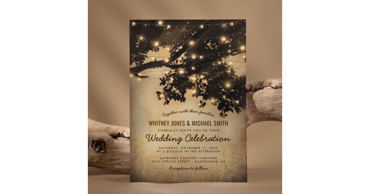 Vintage Rustic Country Tree Lights Wedding Invitation | Zazzle