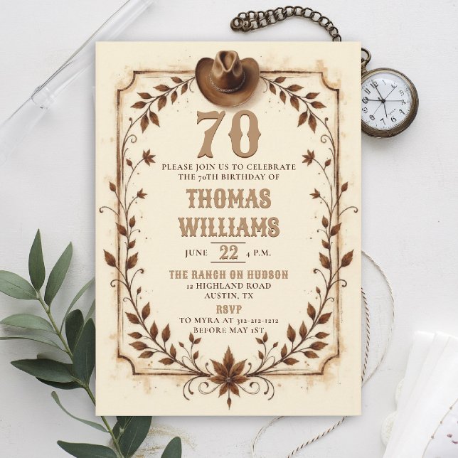 Vintage Rustic Cowboy Western Leaf 70th Birthday  Invitation (cowboy birthday invitation men 70th rustic vintage country western botanical husband dad grandpa)