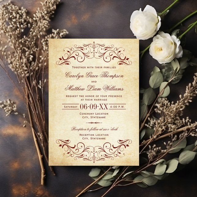 Vintage Rustic Dark Red Flourish Parchment Wedding Invitation (Creator Uploaded)