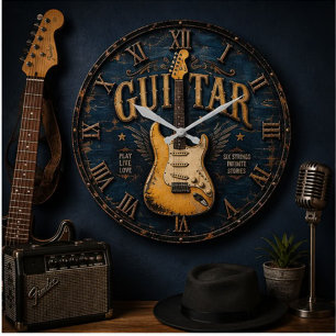 Vintage Rustic Electric Guitar Music Decor Large Clock