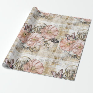 Vintage Rustic Ephemera Pink Floral Wrapping Paper