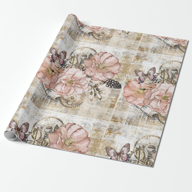 Vintage Rustic Ephemera Pink Floral  Wrapping Paper (Unrolled)