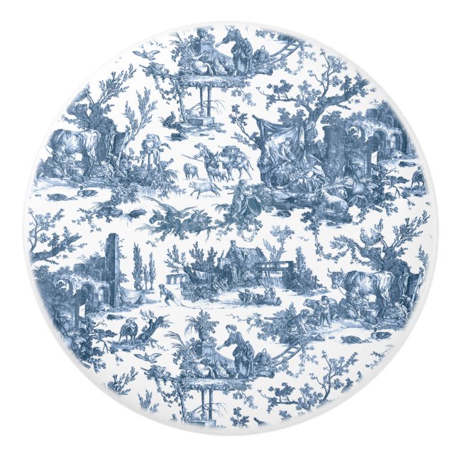 Vintage Rustic Farm French Toile-Blue & White Ceramic Knob (Front)