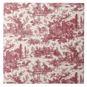 Vintage Rustic Farm French Toile-Red & Tan Ceramic Tile