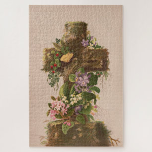 Vintage Rustic Floral Cross, Easter Card, Jigsaw Puzzle