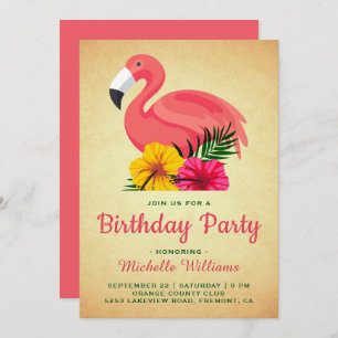 Vintage Rustic Floral Flamingo Birthday Party Invitation