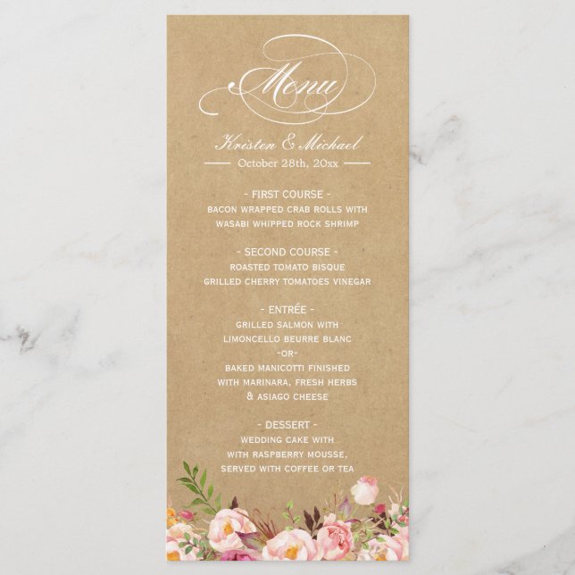 Vintage Rustic Floral Kraft Wedding Menu Template (Front)