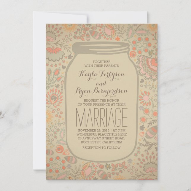 Vintage Rustic Floral Mason Jar Wedding Invitation (Front)